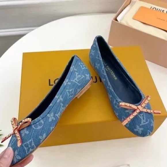 Women's Louis Vuitton Monogram Denim Bow Studded Ballet Flats in Blue - Picture 2 of 5